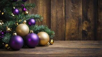 Festive Christmas Ornaments Decoration with Tree and Lights on Wooden Surface photo