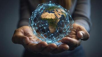 Holding Earth Globe with Digital Network in Hands for Global Connection photo