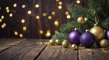 Christmas Ornaments on Rustic Wood with Bokeh Lights Festive Holiday Scene photo