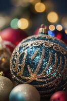 Festive Christmas Ornaments with Glitter and Bokeh Lights Background photo