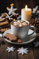 Warm Christmas Cocoa with Marshmallows and Gingerbread Cookies on Wooden Table photo