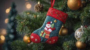 Festive Christmas Stocking Hanging on Tree with Ornament and Lights photo