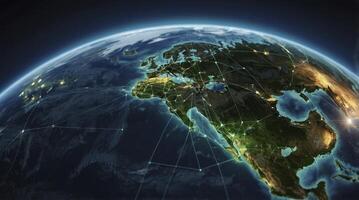 Global Earth View Showing Network Connections and City Lights at Night photo