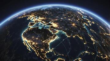 Earth at Night Showing City Lights and Network Connections Worldwide photo
