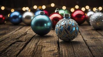 Christmas Ornaments Decoration on Rustic Wooden Surface with Festive Lighting photo