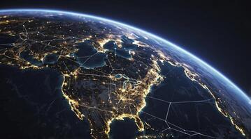 Earth at Night Showing City Lights and Network Connection Lines photo