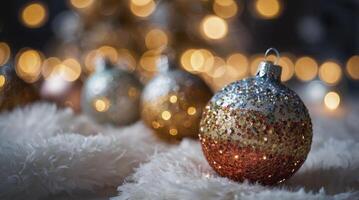 Glittering Christmas Ornaments on Fluffy Surface with Bokeh Light Background photo