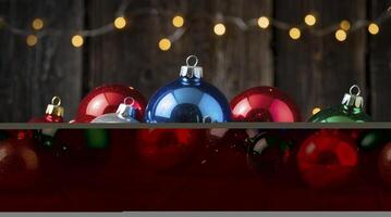 Colorful Christmas Ornaments on Rustic Wood with Warm Bokeh Lights photo