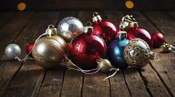 Festive Christmas Ornaments Arranged on Rustic Wooden Table for Holiday Season photo
