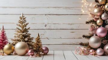 Decorating Christmas Table with Elegant Gold and Pink Ornaments and Trees photo