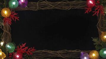 Festive Frame with Holiday Ornaments and Lights on Dark Background photo