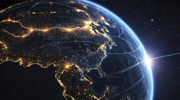 Earth View From Space Showing Night Lights and Communication Network photo