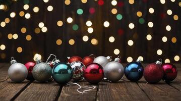 Colorful Christmas Baubles on Wood with Sparkling Lights for Holiday Decoration photo