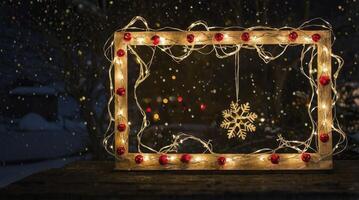 Festive Wooden Frame with Christmas Lights and Snowflake Ornament at Night photo