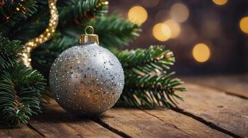 Silver Christmas Ornament on Wooden Table with Pine Branch and Lights photo