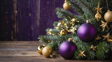 Decorating Christmas Tree with Ornaments and Lights on Wood Background photo