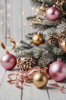 Decorating Christmas Tree with Pink and Gold Ornaments and Ribbons photo