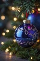 Decorated Christmas Ornament Hanging on a Tree with Bokeh Lights Background photo