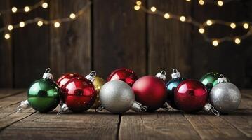 Christmas Ornaments on Rustic Wood Background with Warm String Lights photo