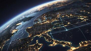 Earth View at Night with Digital Network Connection Lines Overlayed photo