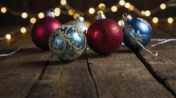 Festive Christmas Ornaments on Rustic Wood with Warm Glowing Lights photo