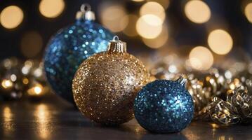 Sparkling Christmas Ornaments in Blue and Gold with Bokeh Lights Background photo