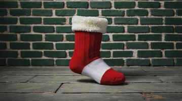 Cozy Christmas Sock with Sherpa Trim Against a Green Brick Wall photo
