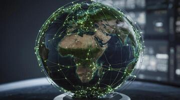 Global Network Connection Earth Globe with Green Lines and Cityscape Background photo