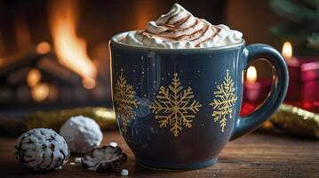 Cozy Snowflake Mug with Hot Chocolate and Marshmallows by Fireplace photo