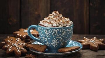 Enjoying Hot Chocolate with Marshmallows and Gingerbread Cookies for Holiday Season photo