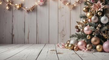 Decorated Christmas Tree with Pink and Gold Ornaments on Wooden Surface photo