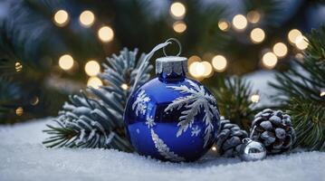 Festive Blue Christmas Ornament with Snowy Pinecones and Bokeh Lights photo