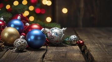 Festive Christmas Ornaments on Rustic Wooden Surface with Bokeh Lights photo