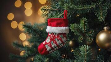 Hanging Red Christmas Stocking on Tree with Gold Ornaments and Lights photo