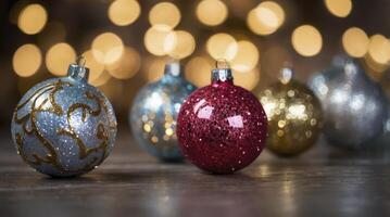 Colorful Christmas Ornaments on Wooden Surface with Bokeh Lights Backdrop photo