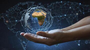 Holding the World Globe in Hands Representing Global Connections photo