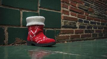 Festive Holiday Boot with Snowflake Design Against Brick Wall Backdrop photo
