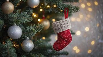Christmas Tree with Ornaments and Red Stocking Decoration Holiday Festive photo