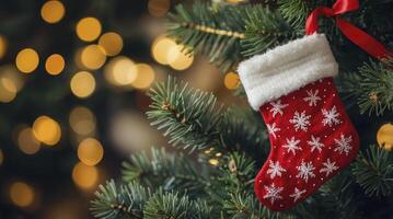 Christmas Stocking Hanging on Christmas Tree with Lights Festive Holiday Mood photo