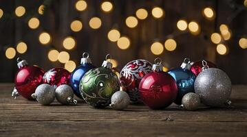 Festive Christmas Ornaments Arranged on Rustic Wood with Warm Bokeh Lights photo