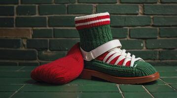 Creative Green Knitted Shoe with Red Sock Leaning Against Brick Wall photo