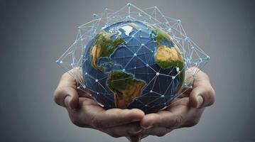 Holding Globe with Network Connection in Hands Concept for Global Communication photo