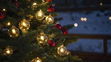 Decorated Christmas Tree with Lights and Ornaments in a Cozy Winter Scene photo