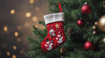 Festive Christmas Stocking Hanging on Tree with Ornament Decorations for Holiday photo
