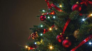 Decorated Christmas Tree with Red Ornaments and Glowing Lights Festive Season photo