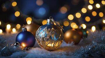 Christmas Ornament Display with Blue and Gold Baubles and Glowing Lights photo