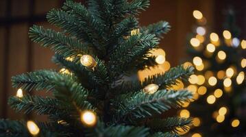 Close-up of a Christmas Tree with Warm Lights for Holiday Season photo