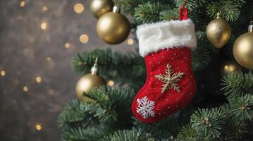 Hanging Christmas Stocking on Decorated Tree with Golden Ornaments Holiday Scene photo