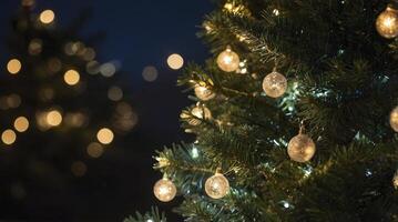 Decorated Christmas Tree with Sparkling Ornaments and Warm Festive Lights photo