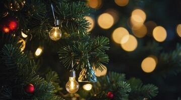 Decorating Christmas Tree with Light Bulbs and Festive Ornaments Closeup photo